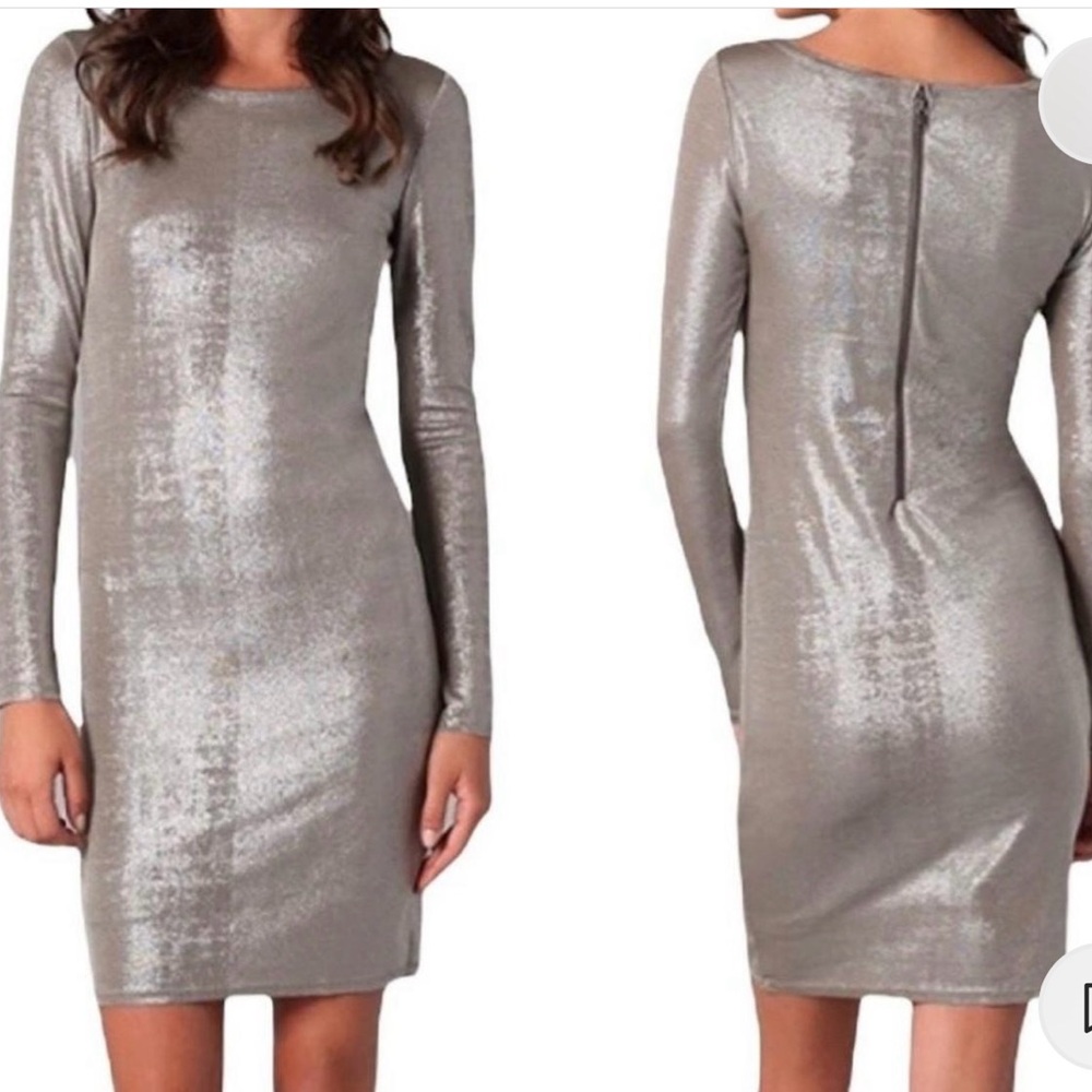 Alice + Olivia Champagne Silver Tabitha Bodycon Mini Dress Long Sleeve Shimmer S